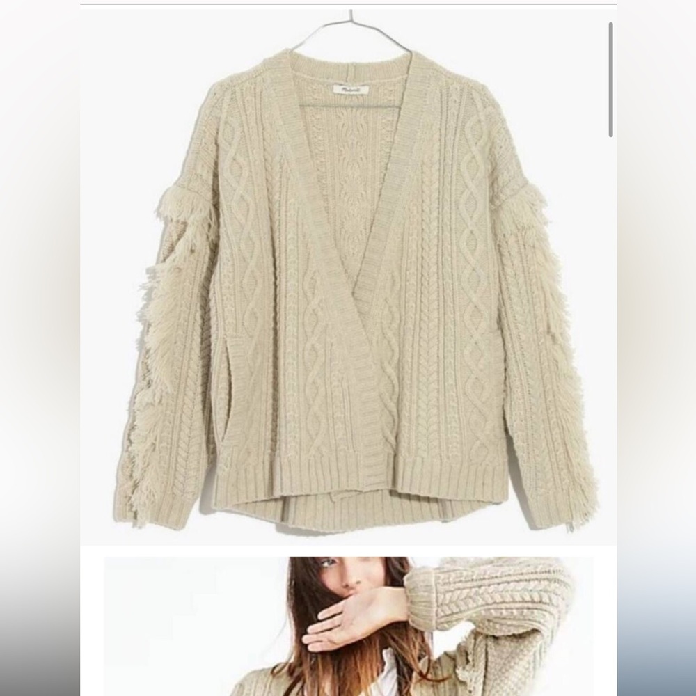Madewell 100% Merino Wool Cable Knit Cardigan Fringe Cream XS SMALL